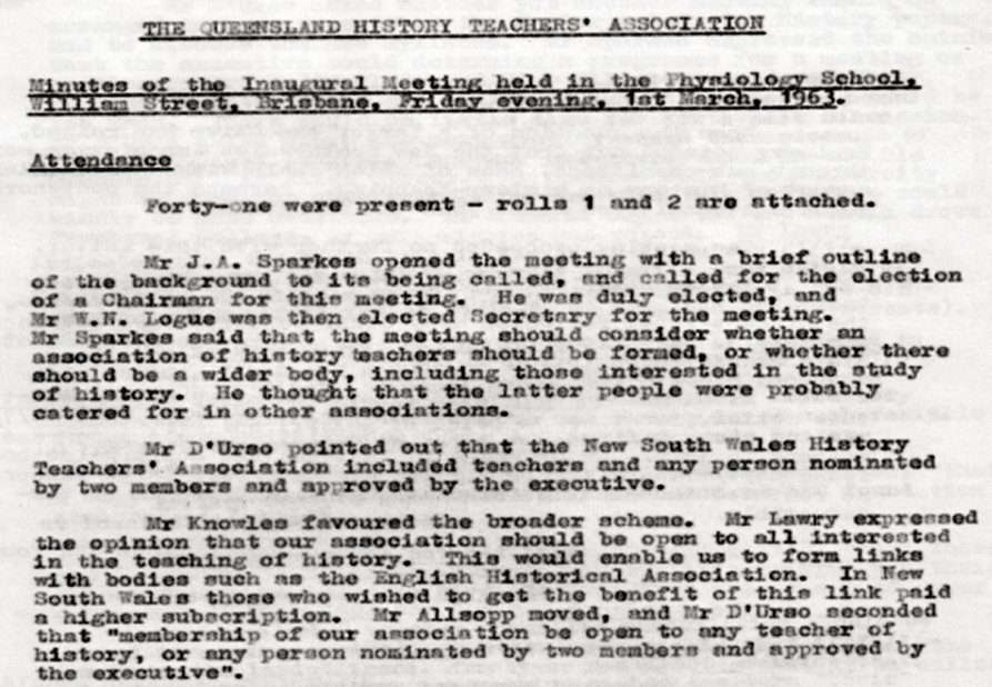 Opening Minutes of First QHTA Meeting 1963